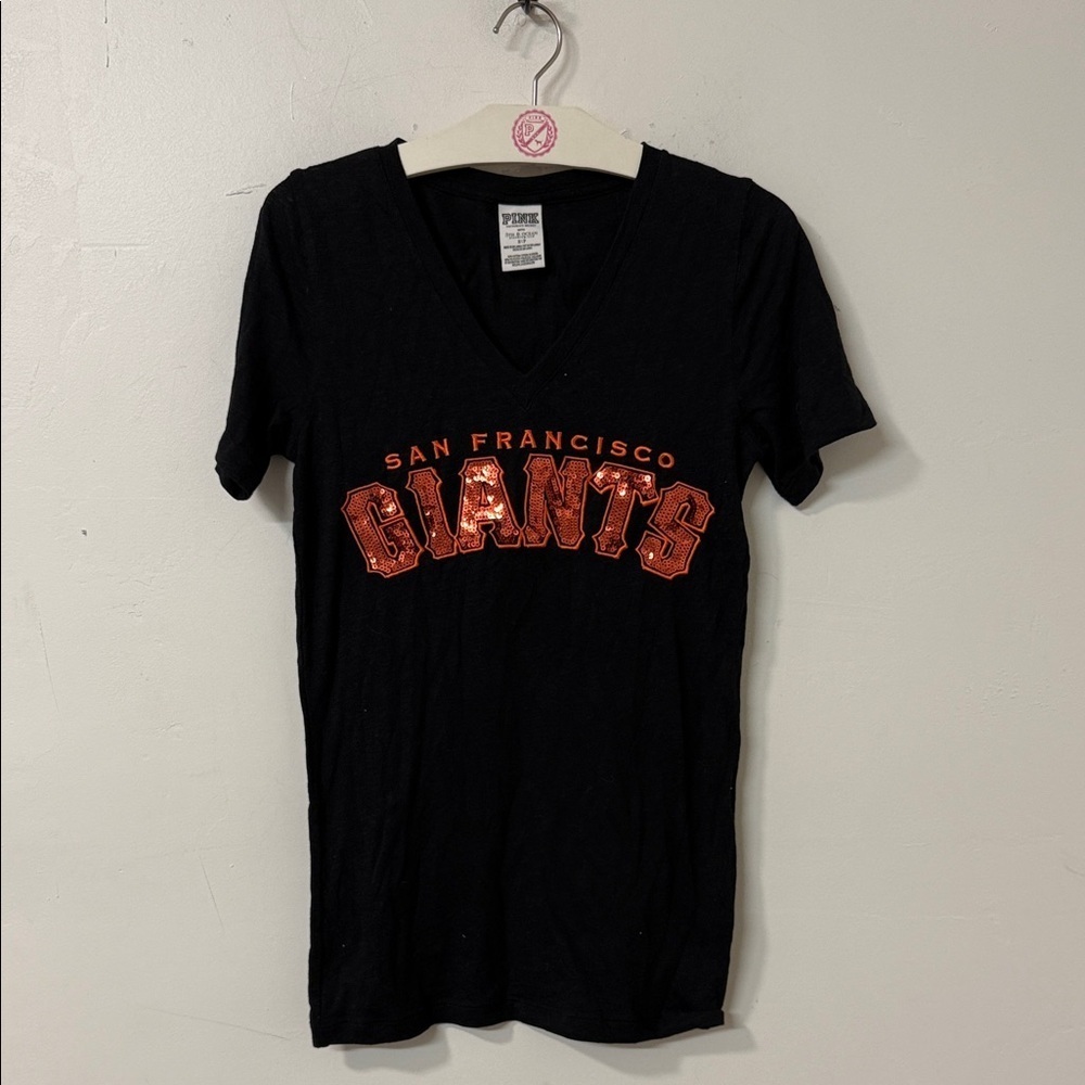 PINK Victoria's Secret Black T-Shirt with Orange Giants Logo Y2K 2016